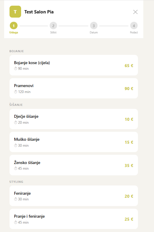 Booking - odabir usluge