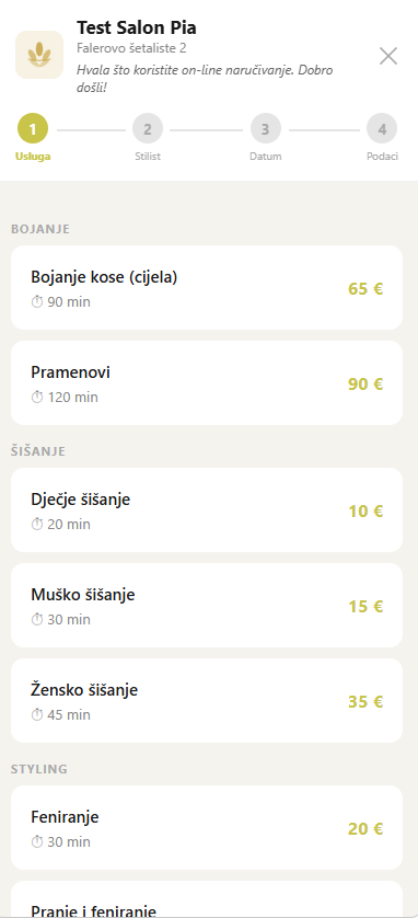 Stylio rezervacija - odabir usluge