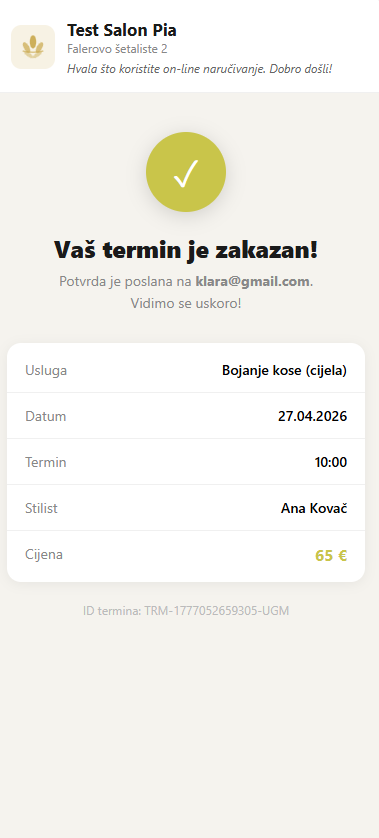 Stylio rezervacija - potvrda termina